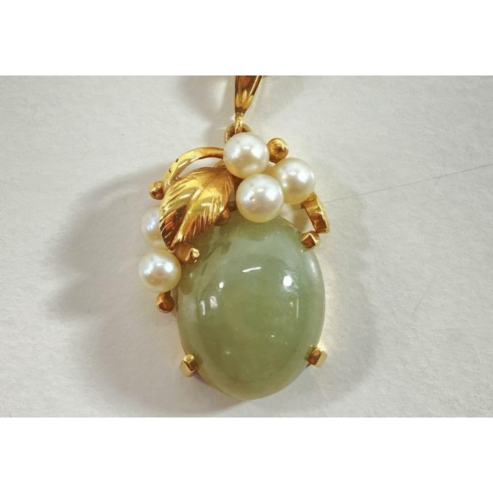 Ming's Hawaii Jadeite Pearl Pendant 14k Yellow Gold Vintage Semi Translucent